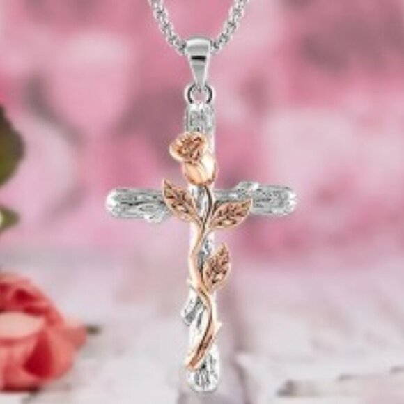 Retro Cross with Rose Gold Flower Pendant Necklace 18K Gold Plated Classic - Picture 1 of 11